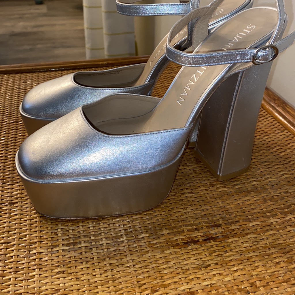 Skyhigh Metallic Ankle-Strap Platform Pumps In Silver